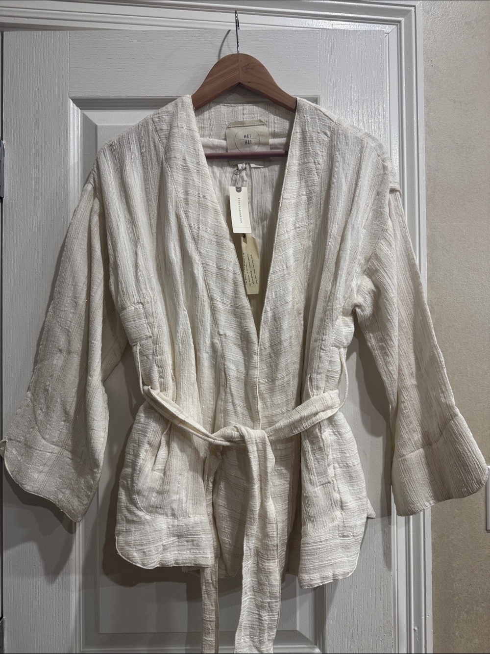 Anthropologie Cream Textured Cotton Kimono Jacket with Belt